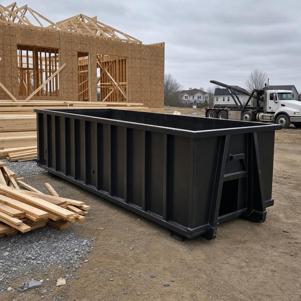 Matte-black 40-yard roll-off dumpster staged on a framed-out residential construction site in Flower Mound, framing lumber stacked nearby, hooklift delivery truck visible in the background under bright Colorado daylight