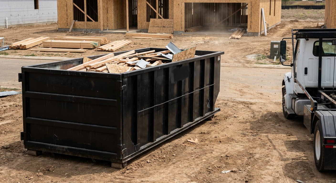 Matte-black 20-yard roll-off construction dumpster with heavy ribbed steel sidewalls and swing rear doors at a working jobsite in Flower Mound, sitting directly on compacted dirt with an unmarked white hauler partially visible at the far edge of the frame.