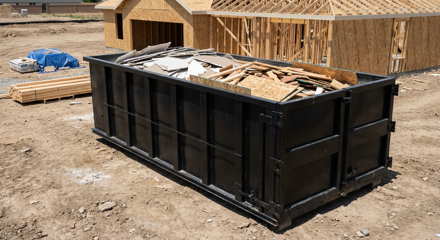 Matte-black 30-yard roll-off construction dumpster sitting directly on the compacted-dirt site of a framed single-family home build in Flower Mound, drywall and lumber scrap loaded inside.