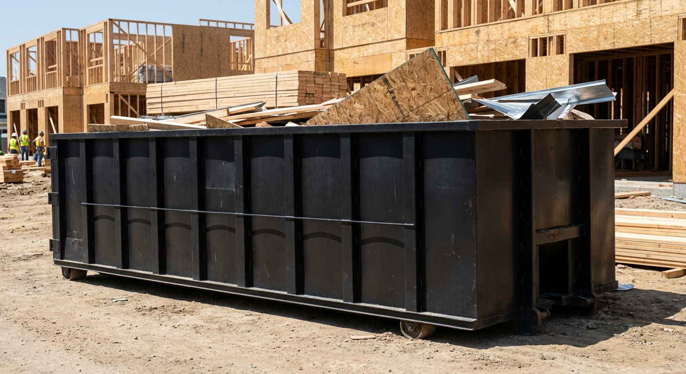 Matte-black 40-yard roll-off construction dumpster being lowered from a white-cab hooklift delivery truck onto the compacted-dirt jobsite at a commercial build site in Flower Mound