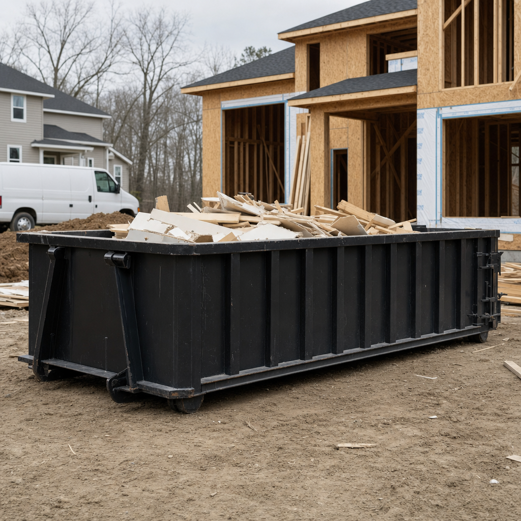 Worker in a yellow high-visibility vest tossing framing lumber and broken drywall into a matte-black 30-yard construction roll-off dumpster on an active build site in Flower Mound, bright daylight
