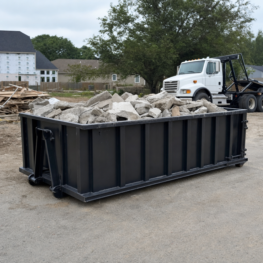 Low-profile matte-black lowboy roll-off dumpster loaded with broken concrete slab and rebar at a foundation tear-out in Flower Mound, skid steer parked beside it, sunny Colorado morning