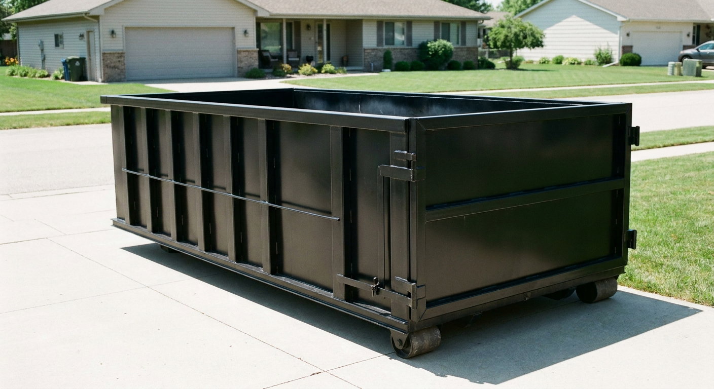 Matte-black 10-yard roll-off dumpster on a residential concrete driveway in Flower Mound, uniformly painted matte black across every panel and rail, ribbed steel sidewalls and rear swing door visible, mid-day daylight.