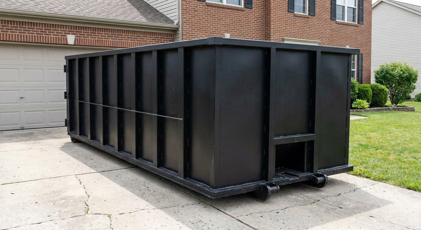 Matte-black 20-yard roll-off container on a Flower Mound residential concrete driveway with reinforced ribbed steel sidewalls and a hinged rear walk-in door, clean bright daylight.