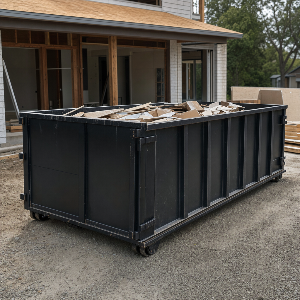 Large matte-black 30-yard construction roll-off dumpster at an active Flower Mound jobsite, steel-gray top rails and bottom rollers visible, loaded with construction debris.