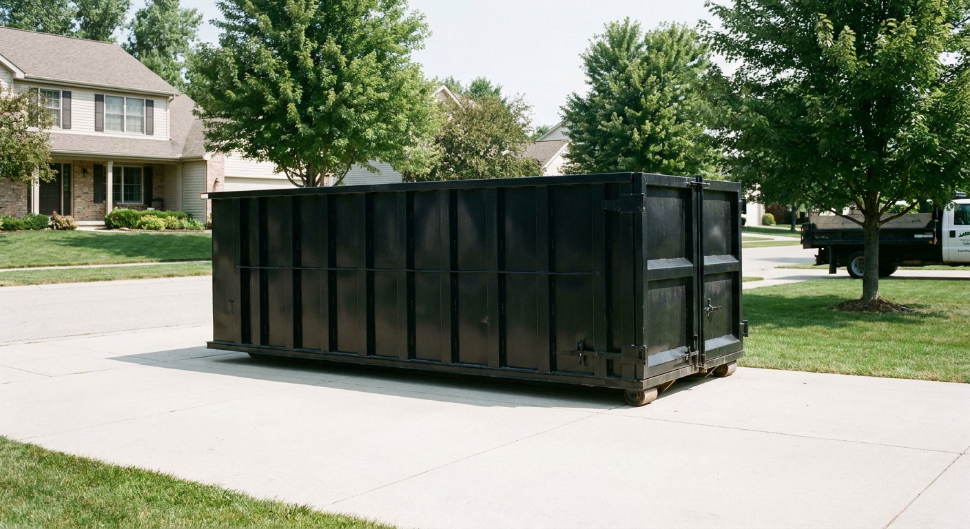 Matte-black 20-yard roll-off dumpster sitting level on a clean Flower Mound residential concrete driveway under bright daylight, demonstrating clean placement directly on the concrete.
