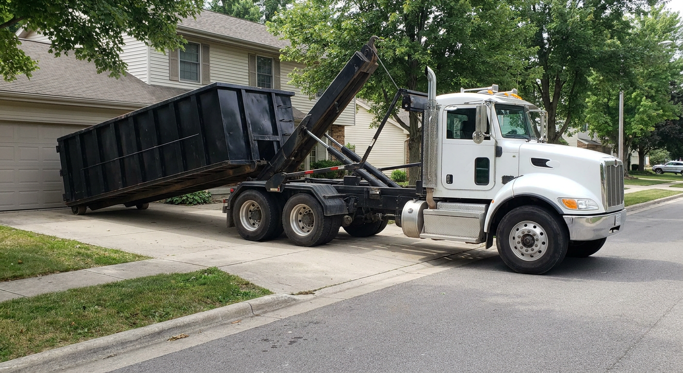 White-cab hooklift roll-off truck actively lowering a matte-black dumpster onto a Flower Mound residential concrete driveway, the dumpster's rear wheels touching the driveway as the hoist arm tilts the bed forward, mid-morning daylight.
