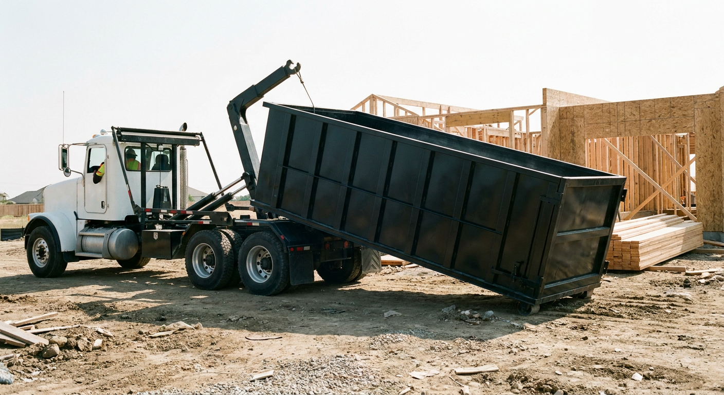 Matte-black roll-off dumpster being delivered onto a clean residential concrete driveway in Flower Mound by an unmarked white hooklift hauler truck, bright morning daylight, documentary 35mm perspective.