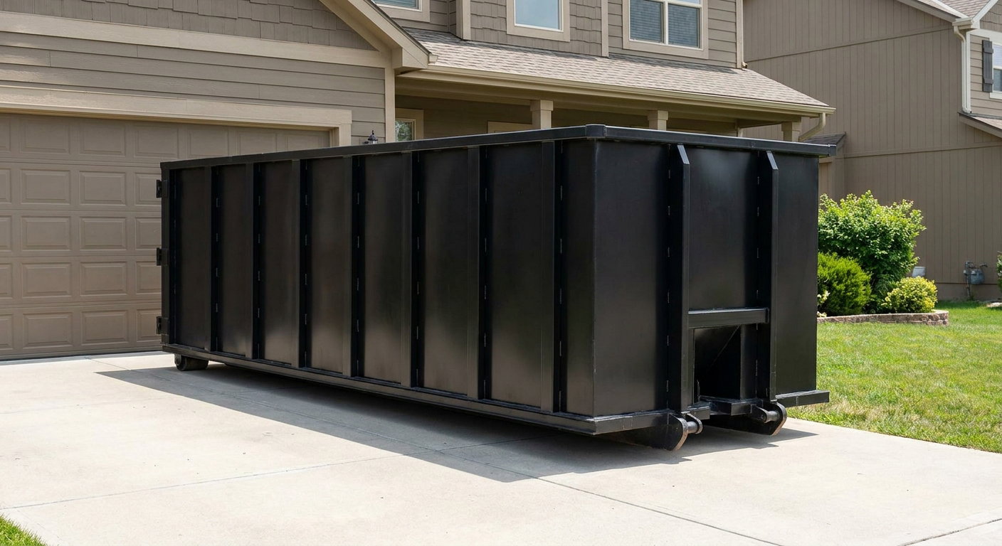 Matte-black residential roll-off dumpster sitting directly on a suburban Flower Mound concrete driveway, garage door closed, single-family home in background, bright morning daylight.