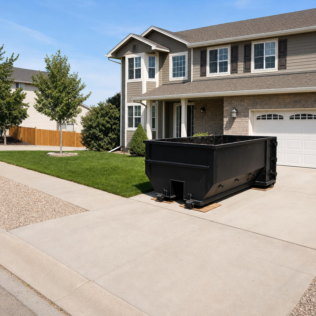 10-yard matte-black residential dumpster placed directly on a narrow Flower Mound concrete driveway, room remains for a parked sedan beside it, mid-morning natural light