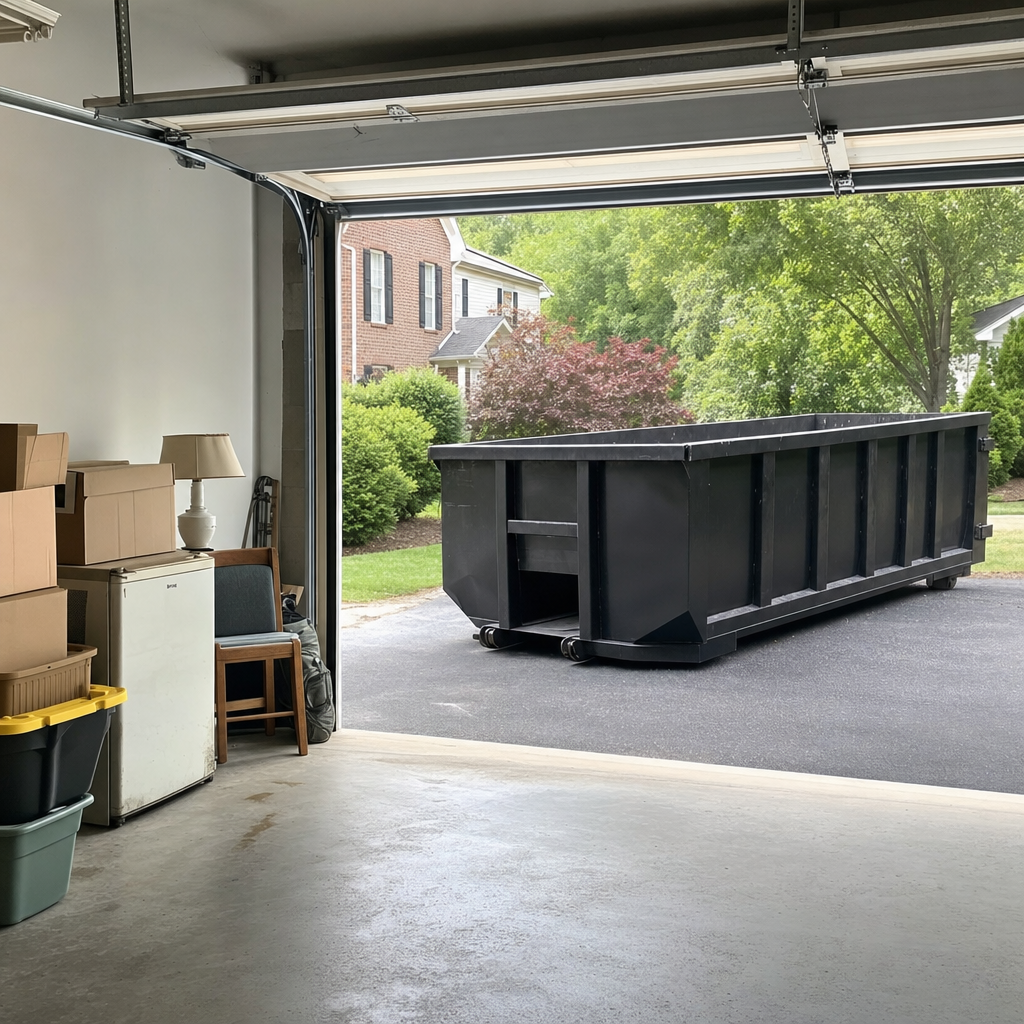Open garage interior in a Flower Mound home mid-cleanout — boxed items, an old appliance, and stacked yard tools queued near the driveway for a matte-black roll-off dumpster, organized and calm