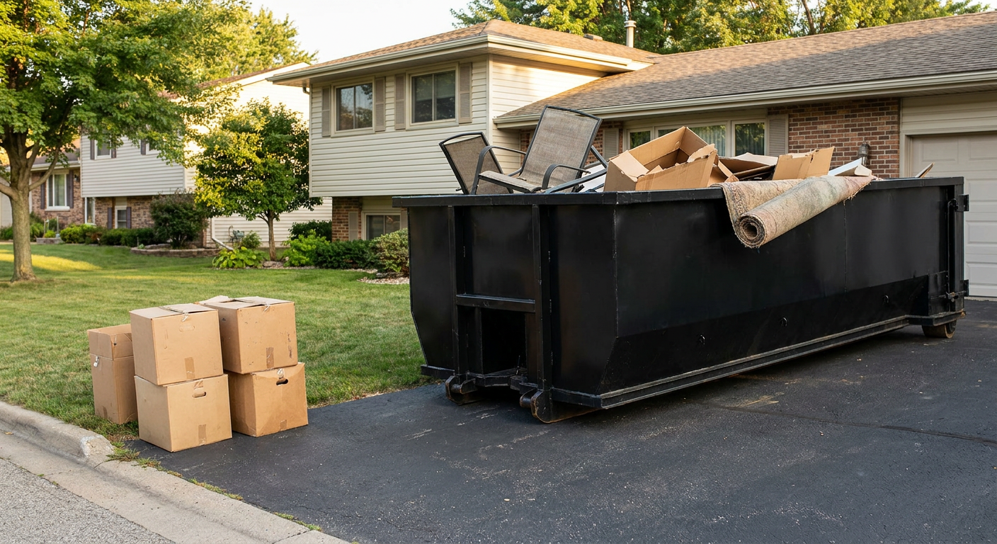 Front-yard view of a Flower Mound split-level home with a 20-yard matte-black roll-off dumpster sitting directly on the asphalt driveway, a few clearly labeled donation boxes staged at the curb, calm sunny afternoon.
