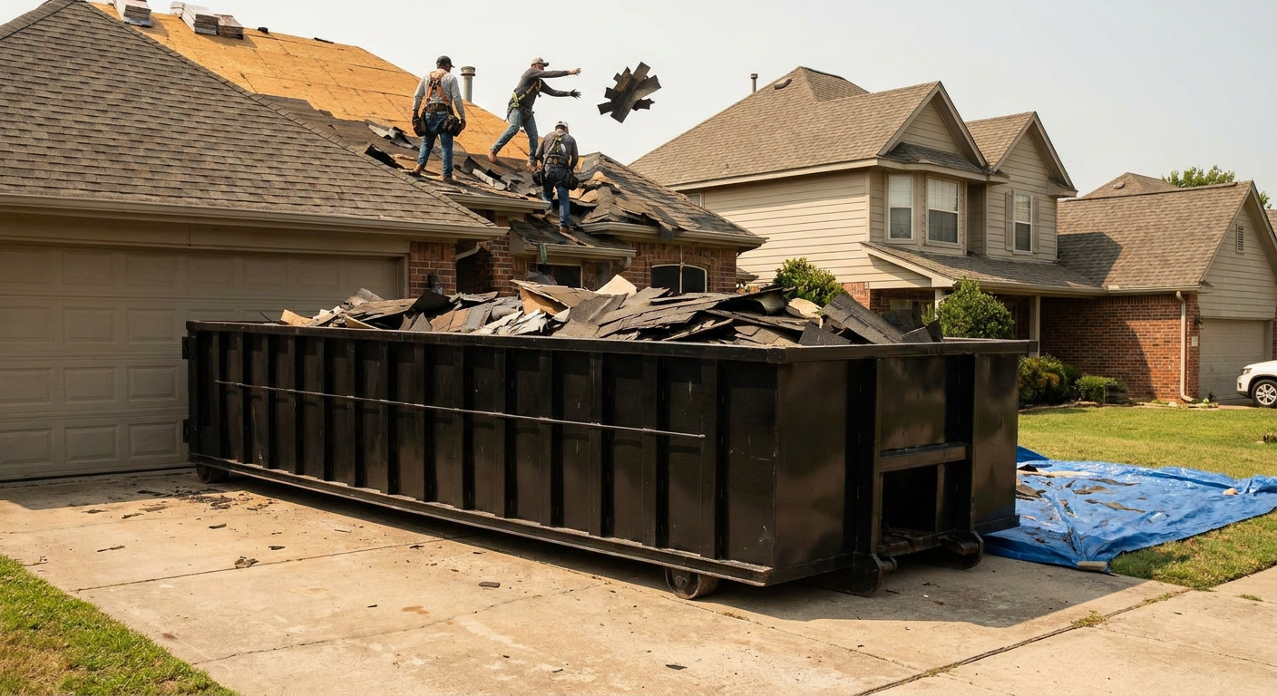 Matte-black roofing roll-off dumpster placed directly on a Flower Mound residential concrete driveway, a tear-off crew on a two-story asphalt-shingle roof tossing shingle bundles into the low-walled container, bright daylight, documentary 35mm perspective.
