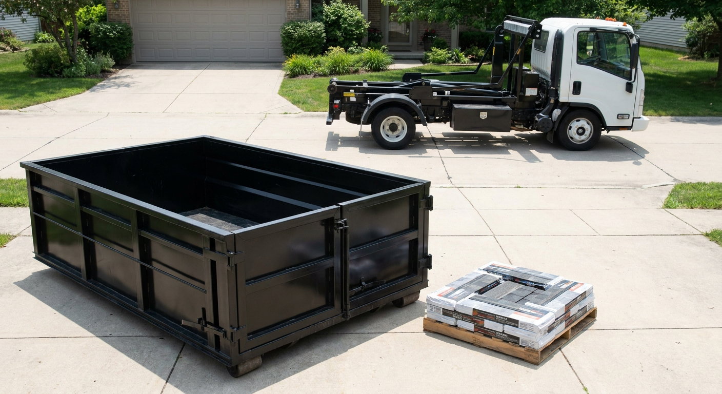 Matte-black 15-yard roofing roll-off dumpster with reinforced low side walls sitting directly on a Flower Mound residential concrete driveway, three-tab asphalt shingle bundles stacked nearby, an unmarked white hauler truck partially visible at the edge of the frame.