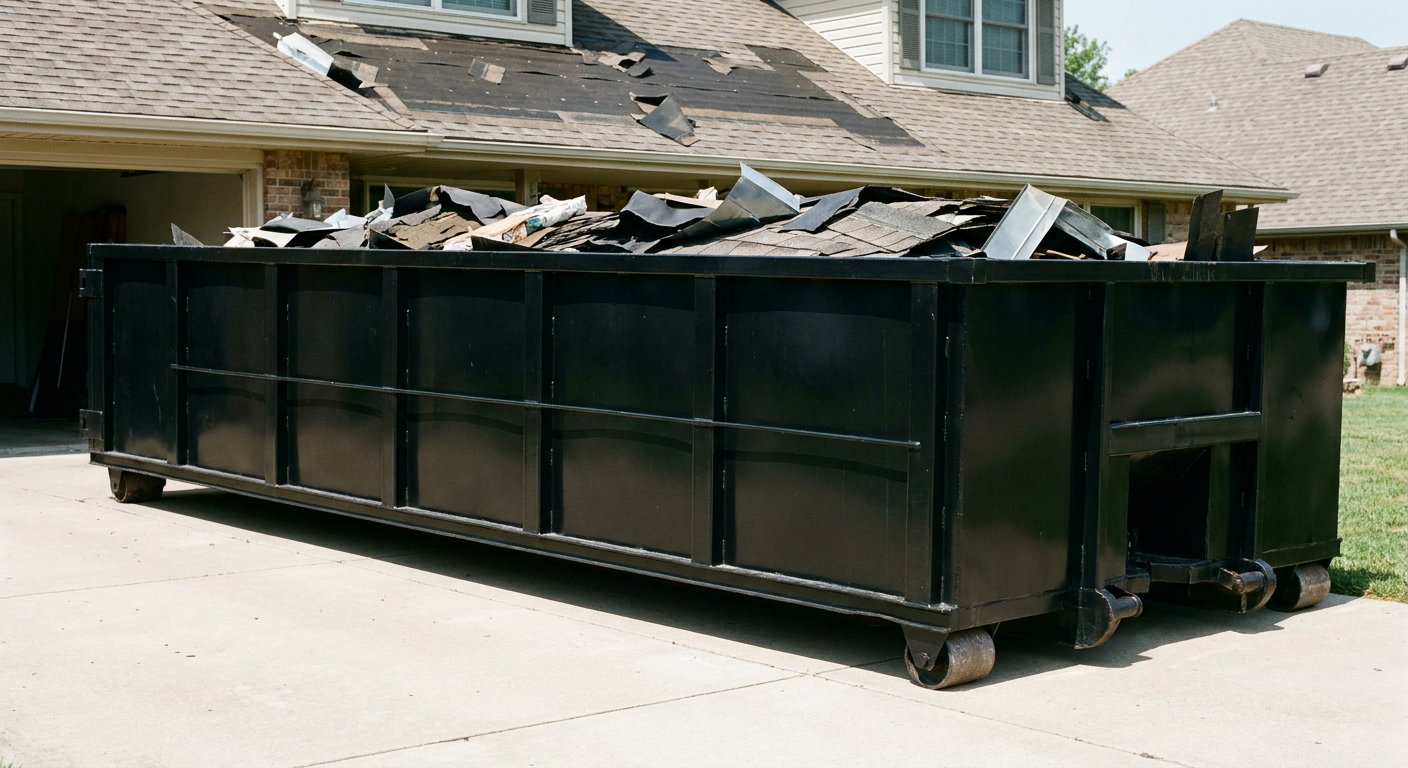 Matte-black 20-yard roofing roll-off dumpster with steel ribbed sides and swinging rear door, sitting directly on the concrete driveway of a two-story Flower Mound home, asphalt shingle debris being loaded over the low wall, clean documentary lighting.