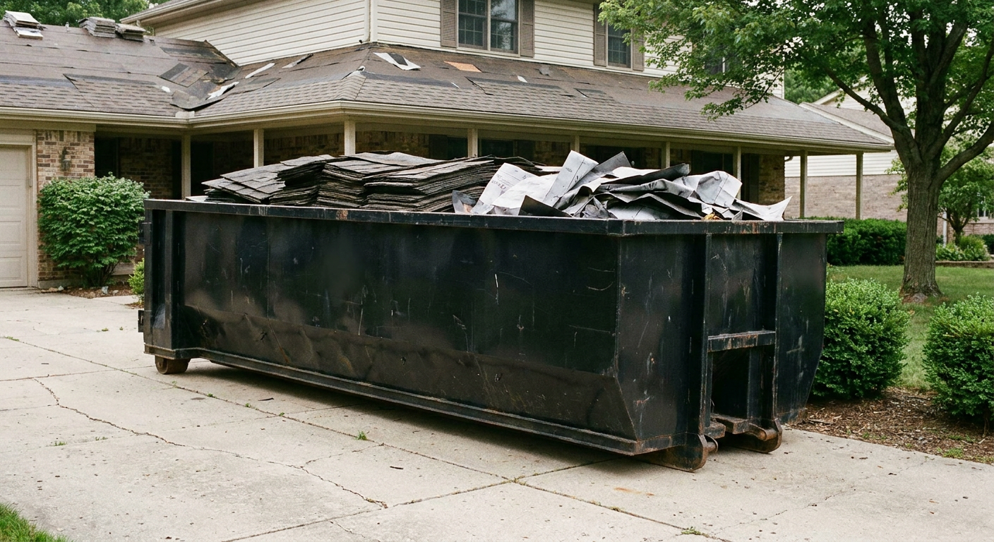 Matte-black 30-yard roofing roll-off dumpster sitting directly on a Flower Mound concrete driveway, taller ribbed steel side panels, mixed tear-off debris of asphalt shingles and underlayment inside, professional documentary daylight.