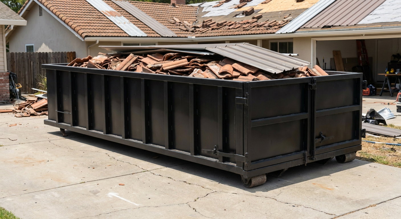 Matte-black low-wall heavy-debris roofing roll-off dumpster sitting directly on a Flower Mound concrete driveway, broken concrete clay roof tiles and metal panel sections loaded inside, reinforced ribbed steel side walls visible, bright outdoor daylight.