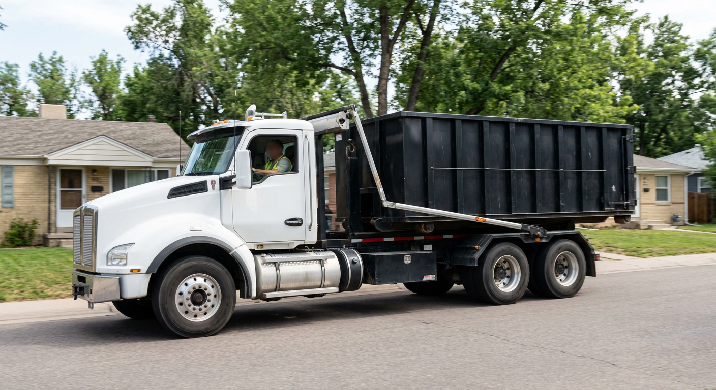 A wide documentary shot of a matte-black roll-off delivery truck pulling onto a quiet Flower Mound residential street at mid-morning, with neighborhood rooftops and tree-lined blocks visible behind, showing the metro coverage footprint.