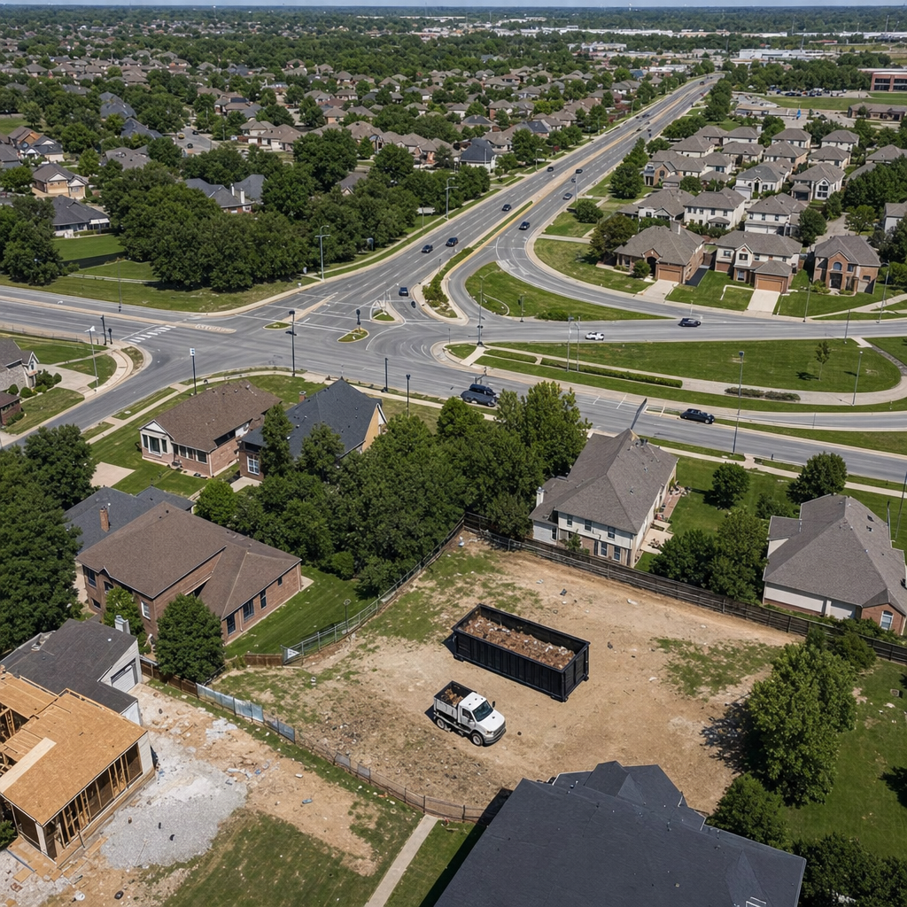 An overhead documentary view of the Flower Mound metro area at midday, showing the spread of neighborhoods, arterial roads, and the dispatch radius from a central yard — clean daylight, organized geographic layout.
