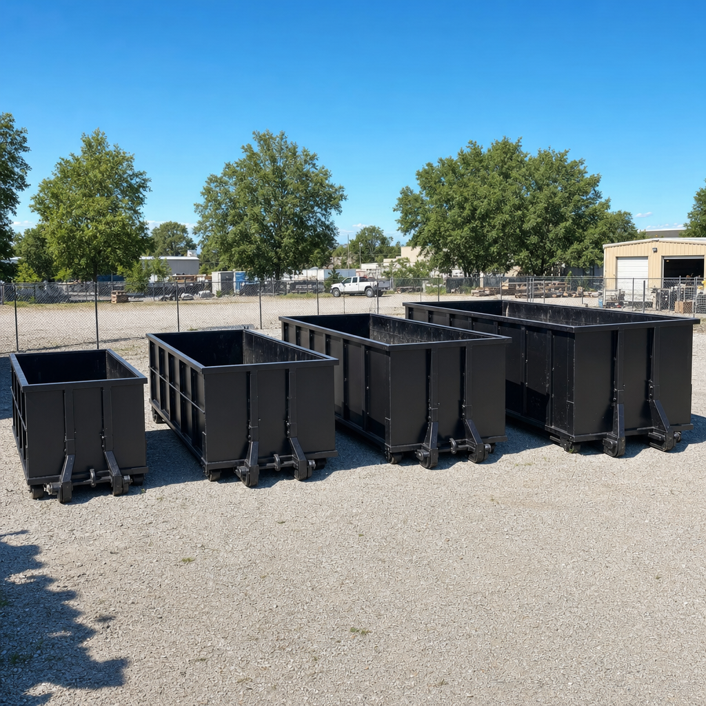 A clean lineup of matte-black roll-off dumpsters in 10, 20, 30, and 40-yard sizes staged on a sunlit gravel yard in Flower Mound, showing the size progression from compact to commercial-scale containers.