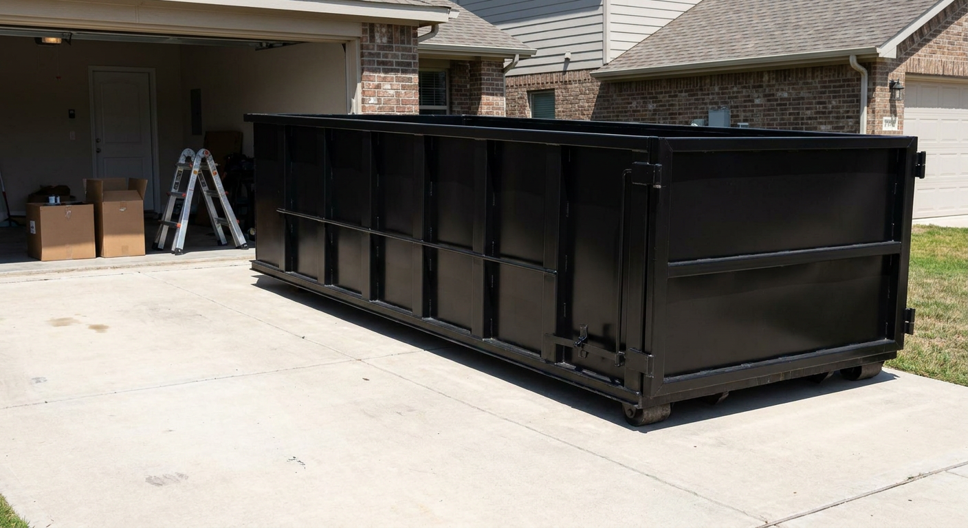 A matte-black 10-yard roll-off dumpster sitting directly on a residential Flower Mound concrete driveway, mid-day sunlight, clean and ready for a garage cleanout.