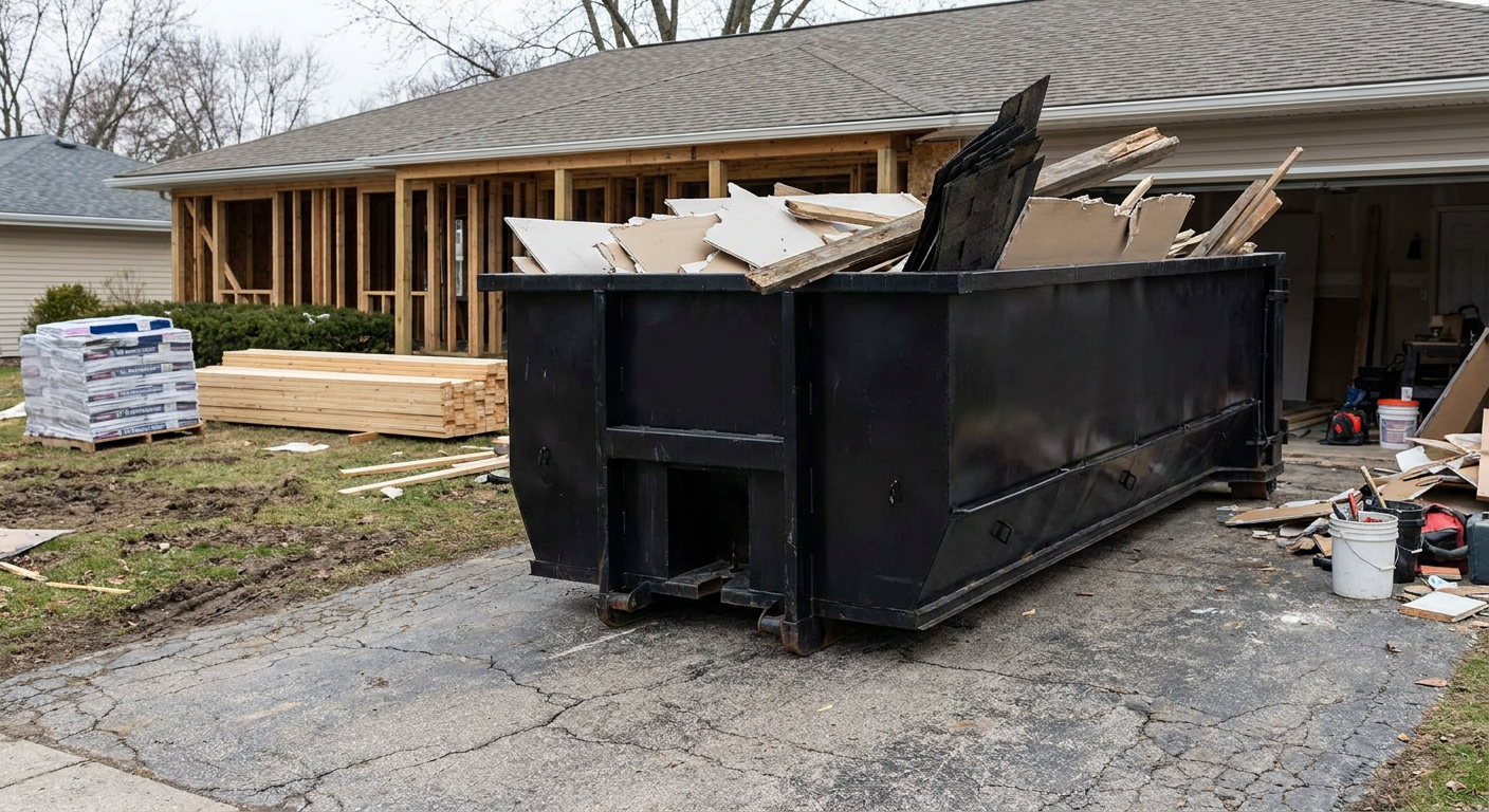 A matte-black 20-yard roll-off dumpster placed alongside a mid-renovation Flower Mound home directly on the asphalt driveway, with framing materials and torn-off shingles staged neatly nearby.