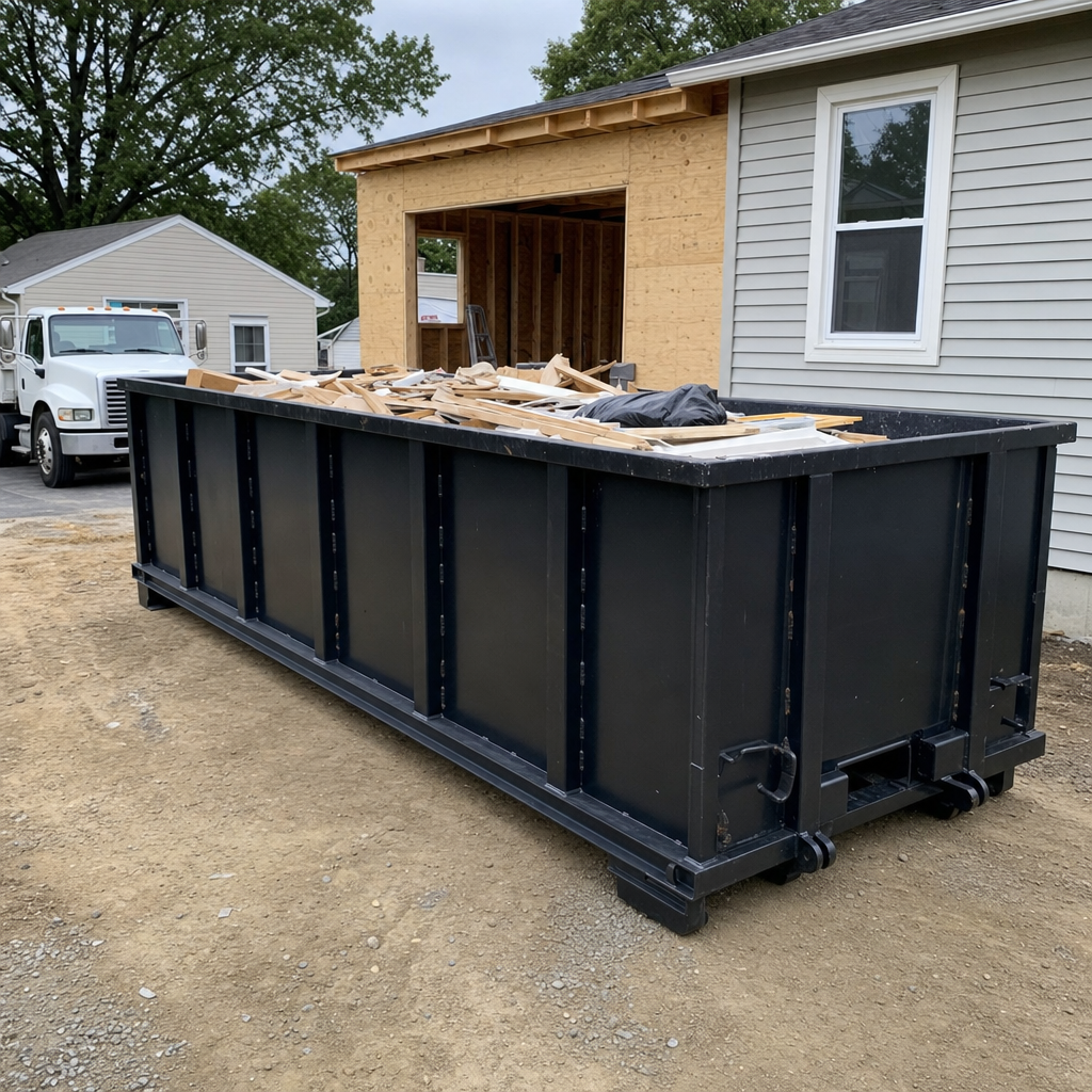 A matte-black 30-yard roll-off dumpster positioned at a Flower Mound residential addition jobsite, with framing lumber and drywall scraps loaded through the open swinging rear doors.