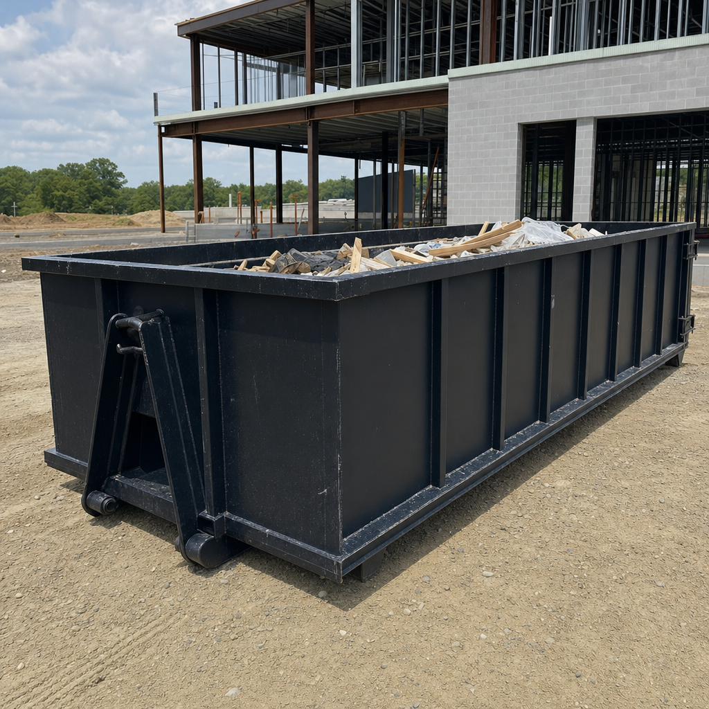 A matte-black 40-yard roll-off dumpster staged on a large Flower Mound commercial construction lot, with a hooklift delivery truck parked alongside under bright midday sky.