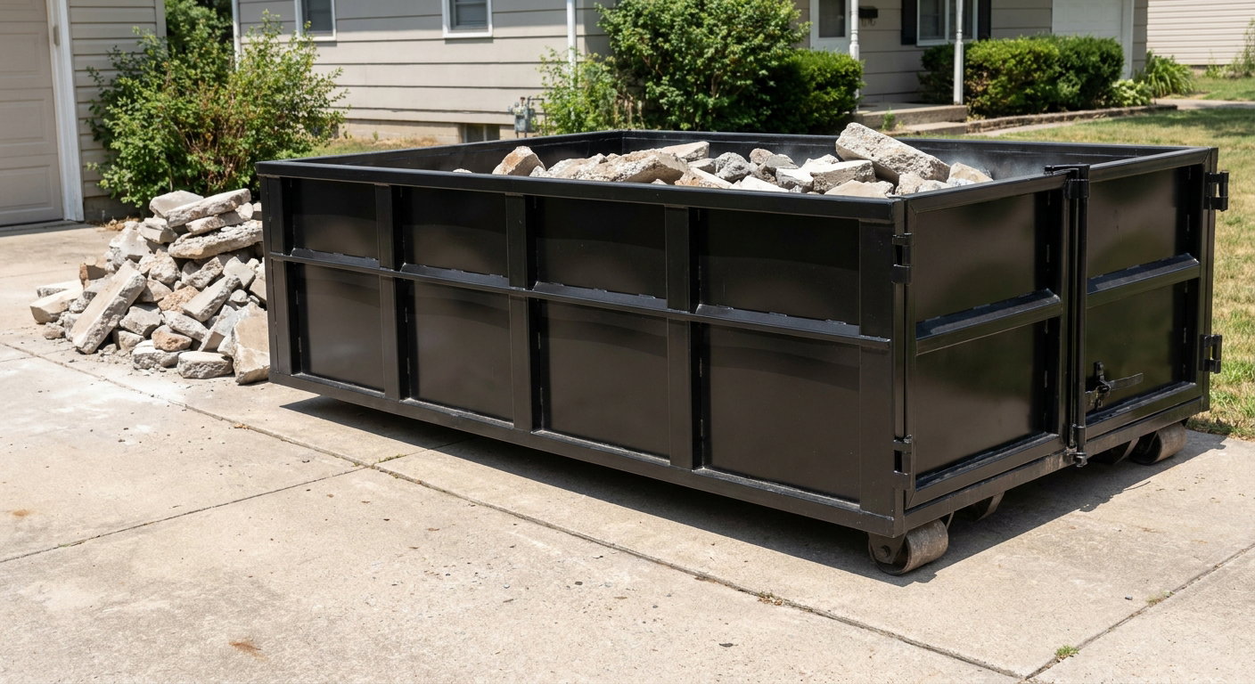 A matte-black low-side heavy-debris roll-off dumpster placed directly on a Flower Mound concrete driveway, with broken concrete chunks neatly stacked beside it under clean daylight.